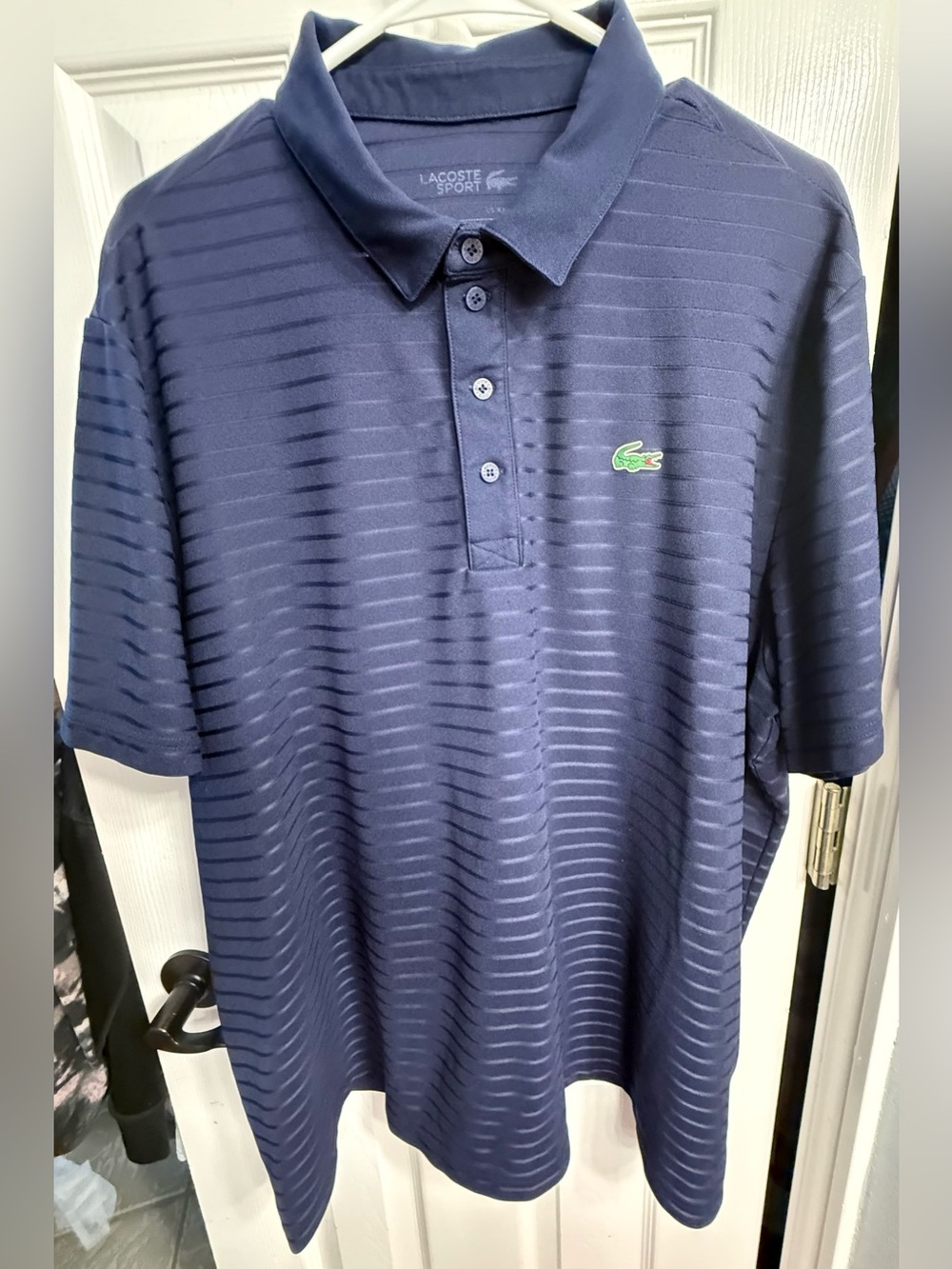 Lacoste Sport 4x Men's Navy Textured Stripe Polo with Green Crocodile